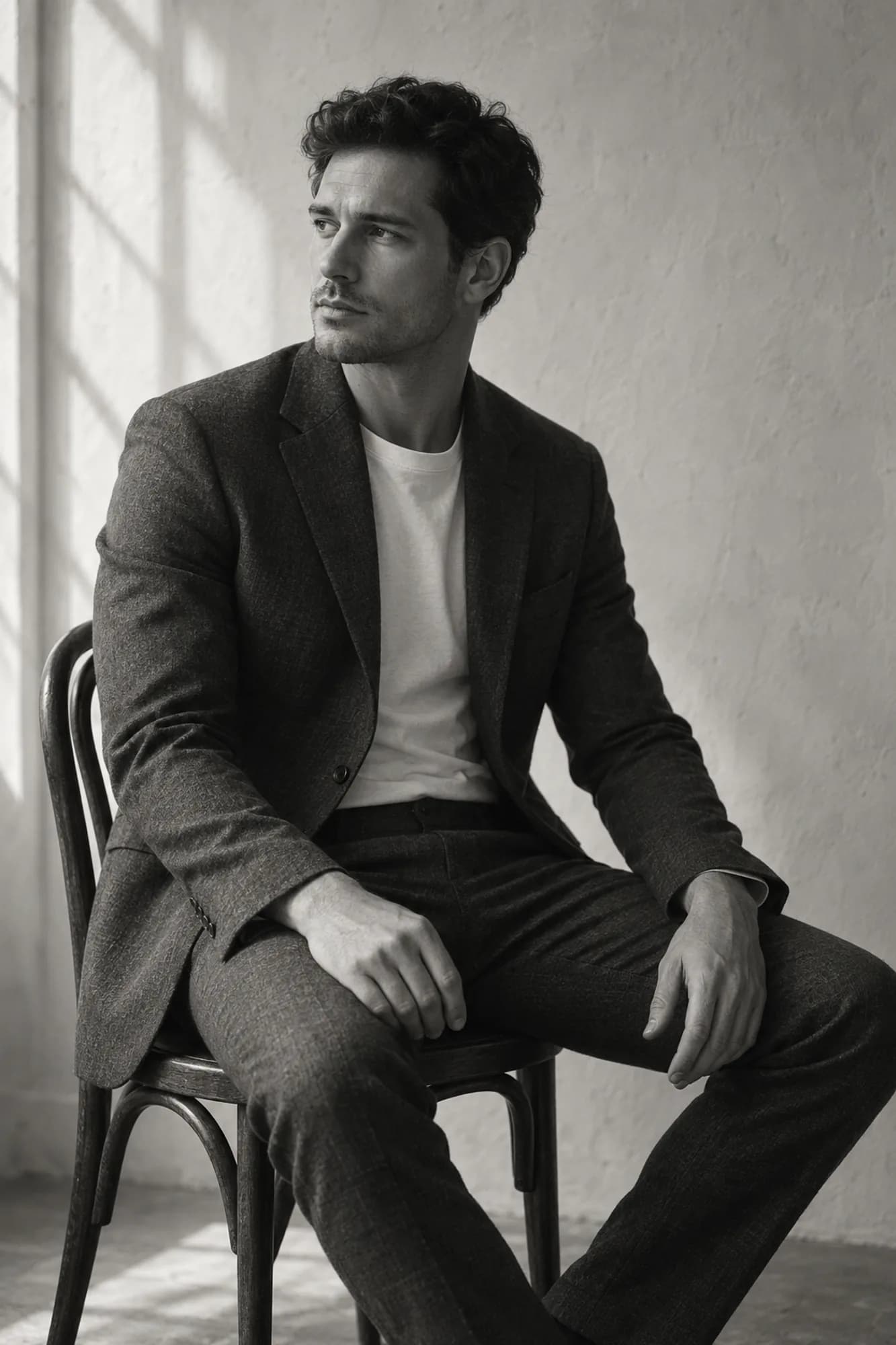 Adult male model in a charcoal suit seated beside a sunlit studio window