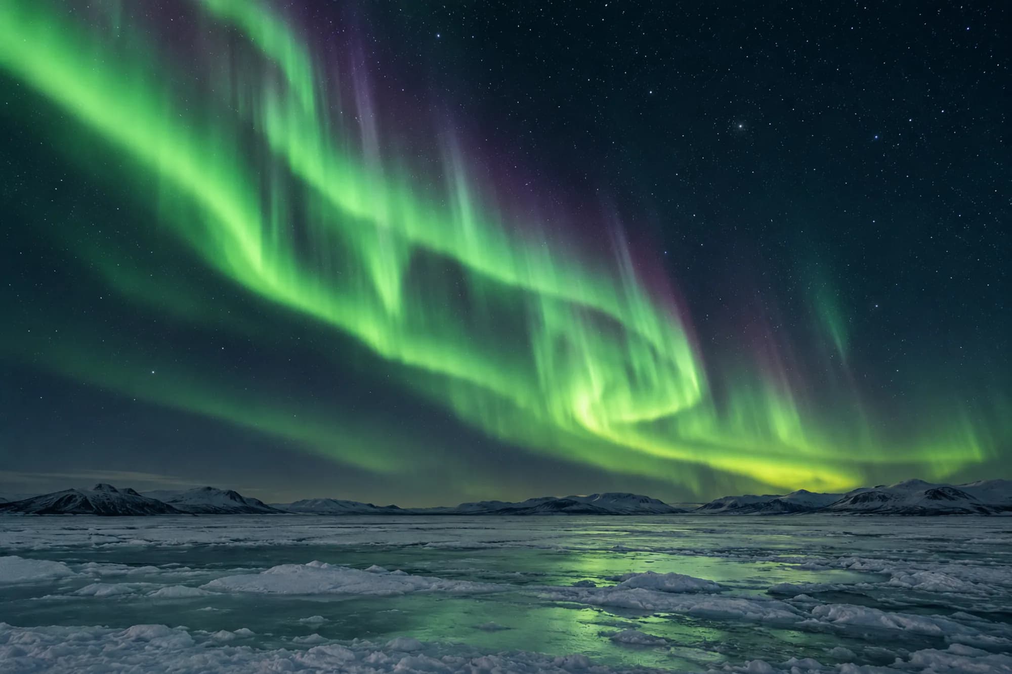 Aurora over sea ice at night