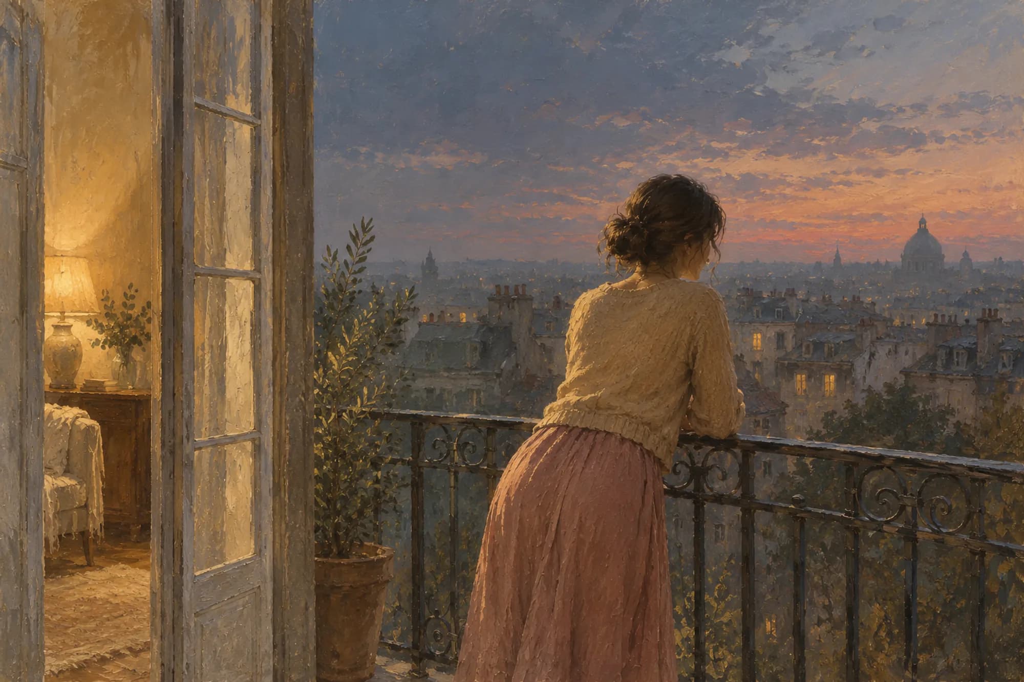 Oil painting of a woman on a balcony looking out over the city at dusk