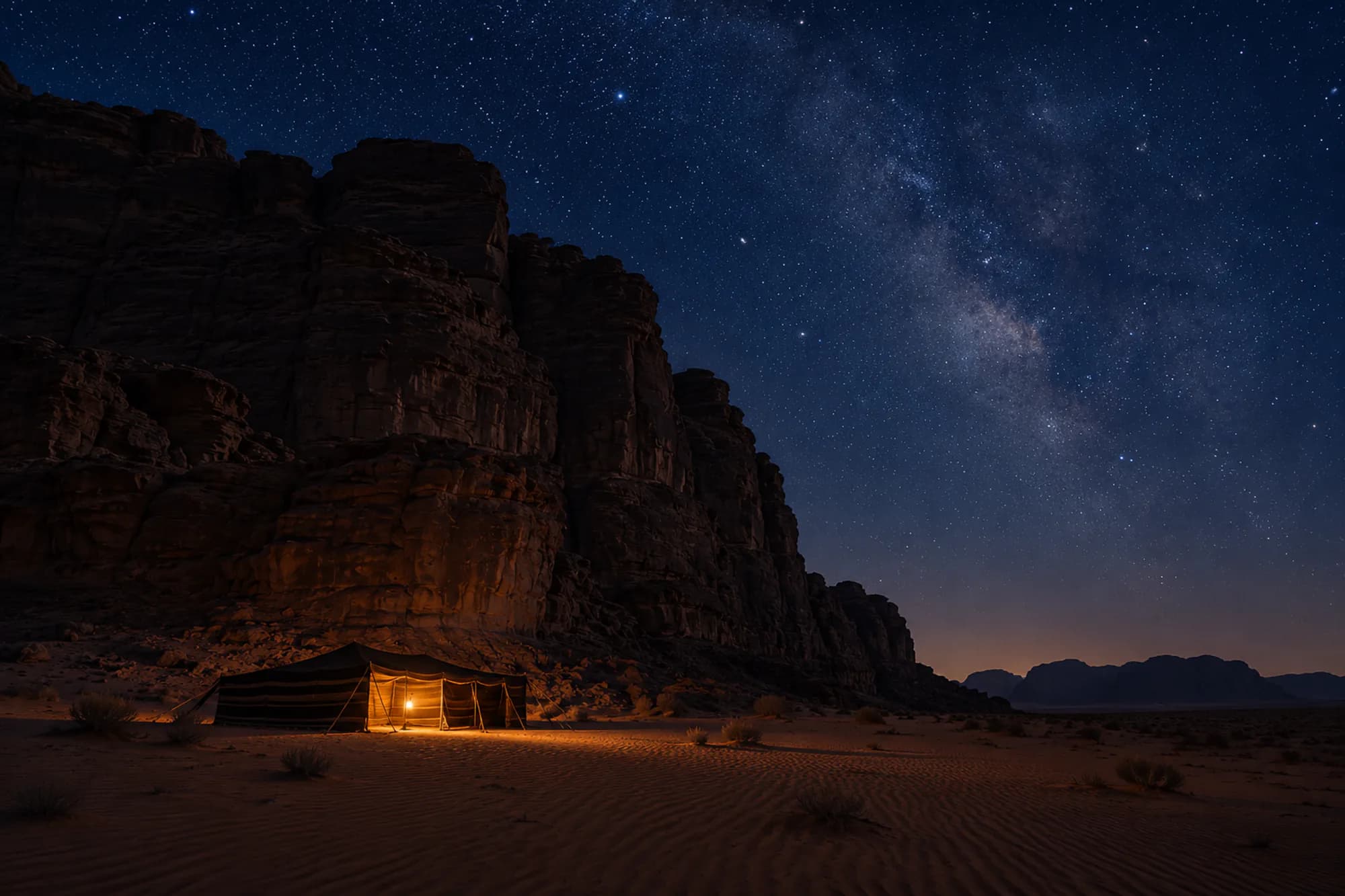 A single lit tent glowing beneath a sandstone cliff under a starry sky