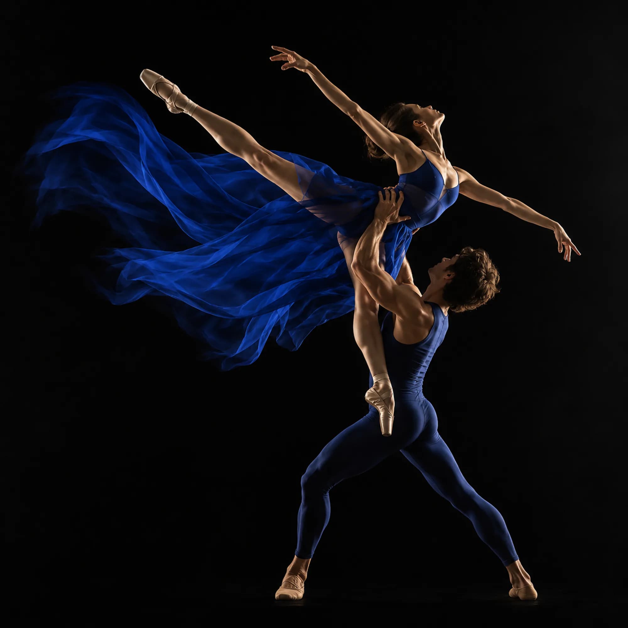 Two dancers in cobalt costumes in a lift against a black background