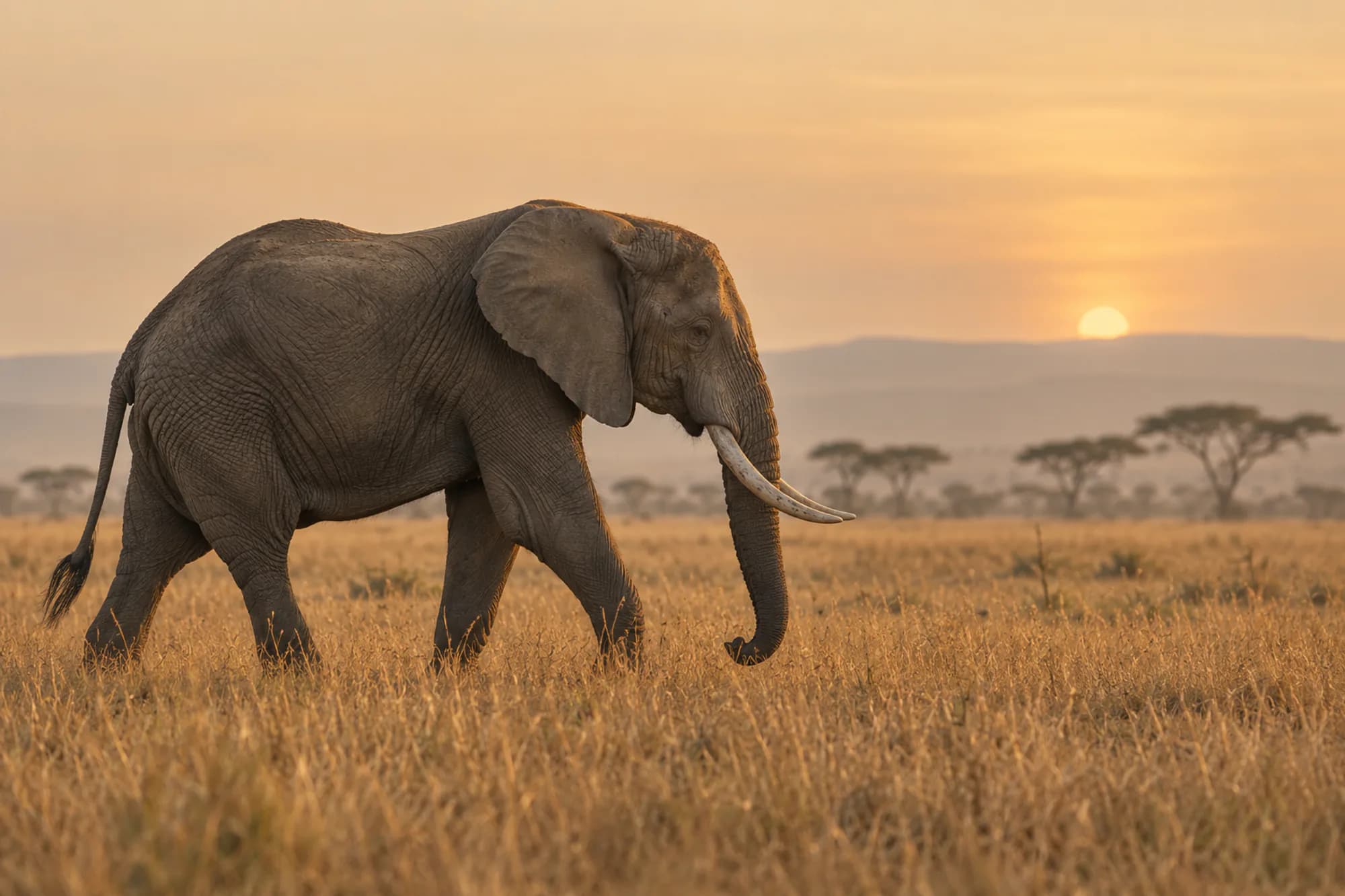 A single African elephant walking across open grassland at dusk