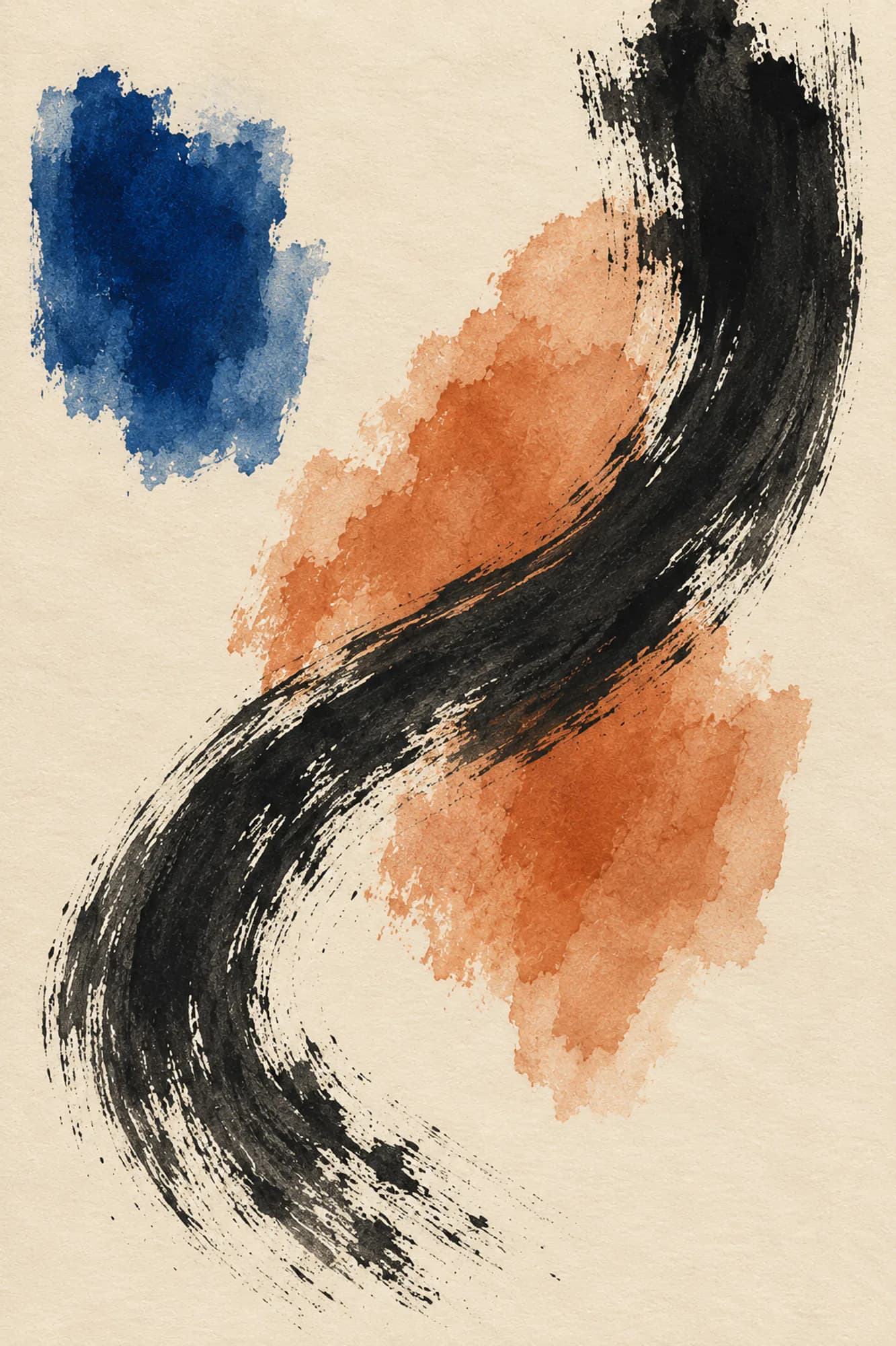 Vertical ink painting with one falling black stroke, a terracotta wash and a small cobalt field