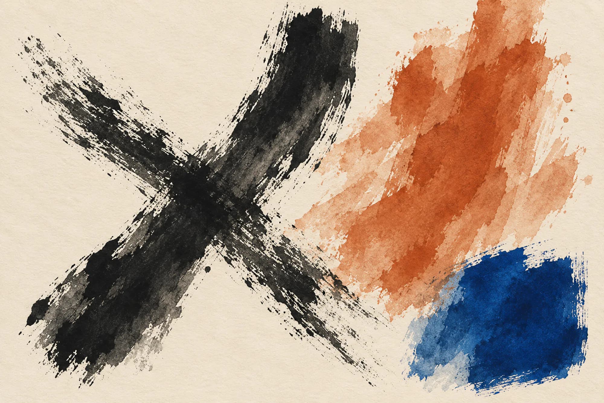 Ink painting with two crossing black strokes, a terracotta splash and a cobalt field