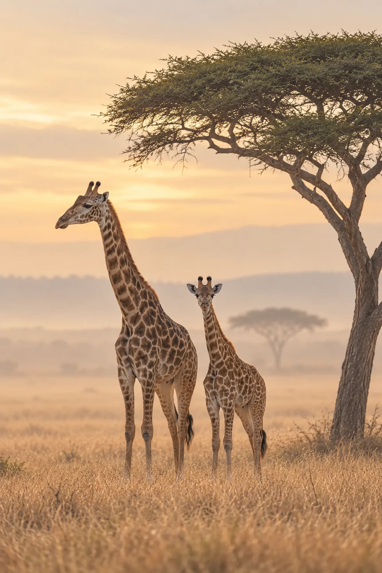 Two giraffes standing near an acacia in soft morning mist