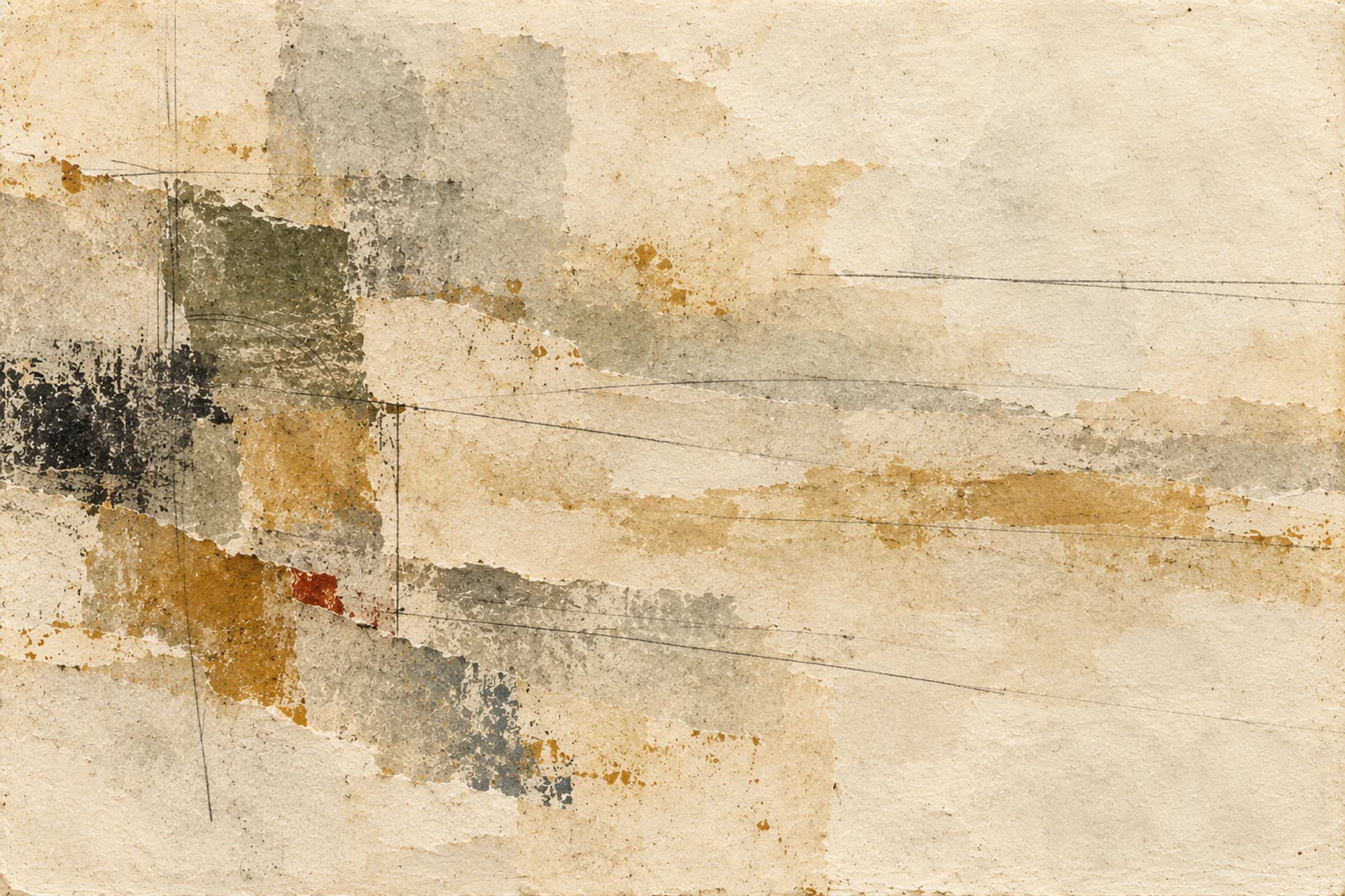 Pale mixed-media abstract in dusty ochre and haze grey with faint graphite lines