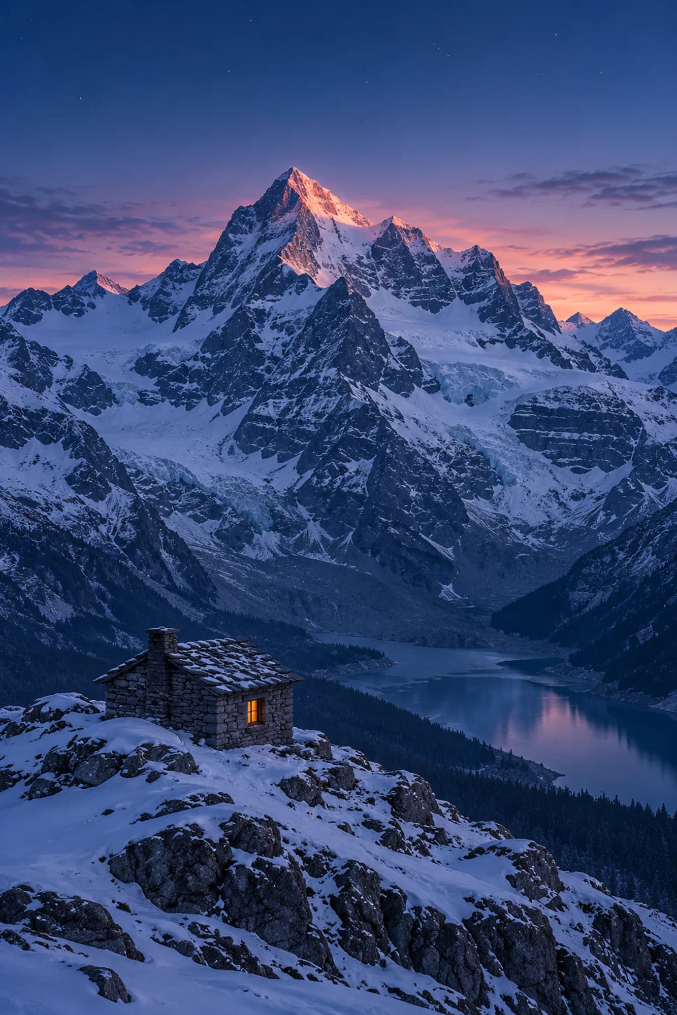 A small stone hut with one lit window beneath a towering snowy peak at blue hour