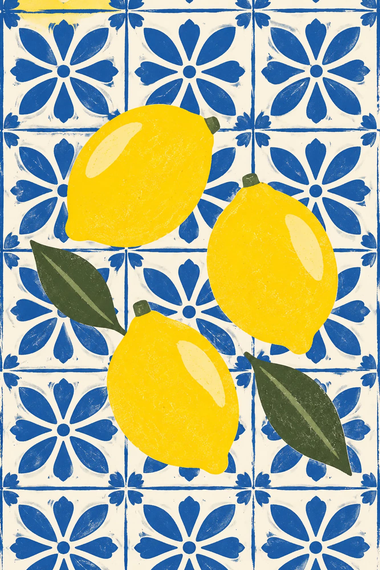 Illustration of three lemons and two leaves on blue-and-cream patterned tiles