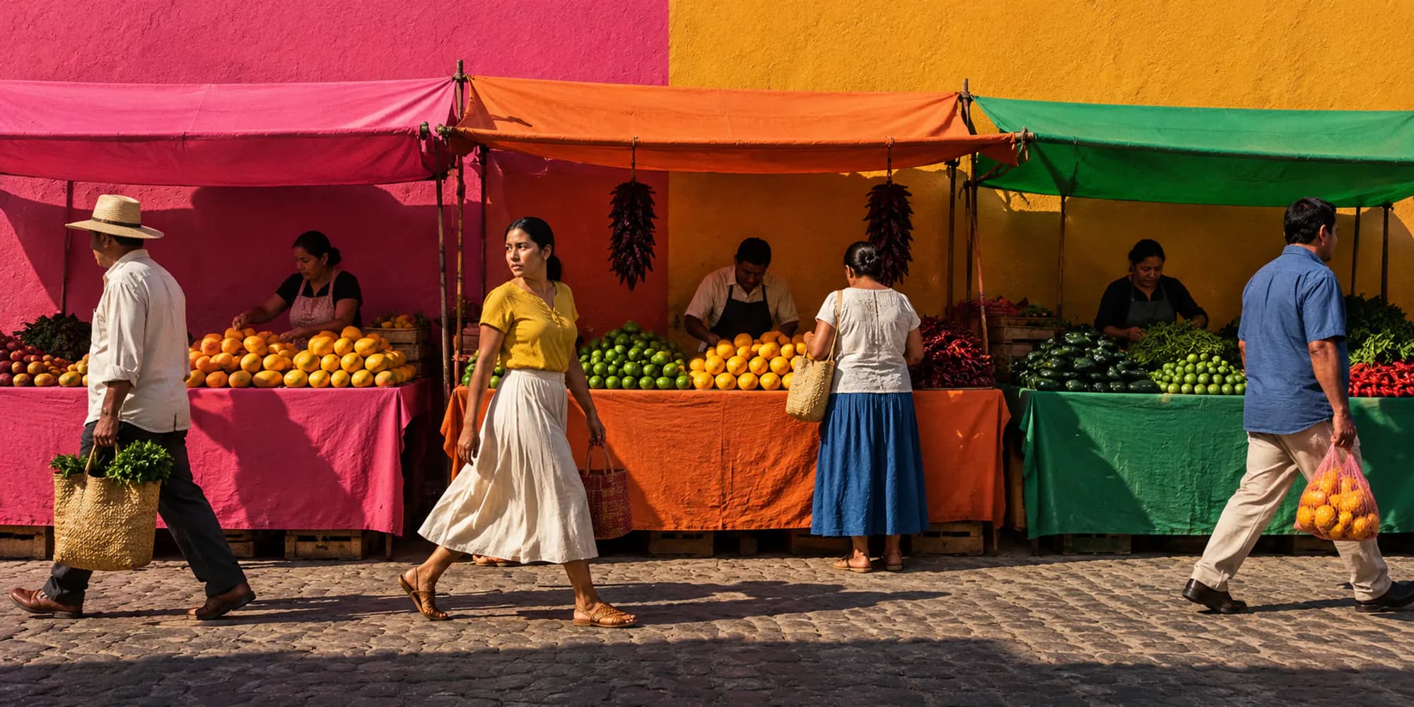 Vendors and shoppers in sun and shade along a row of market stalls