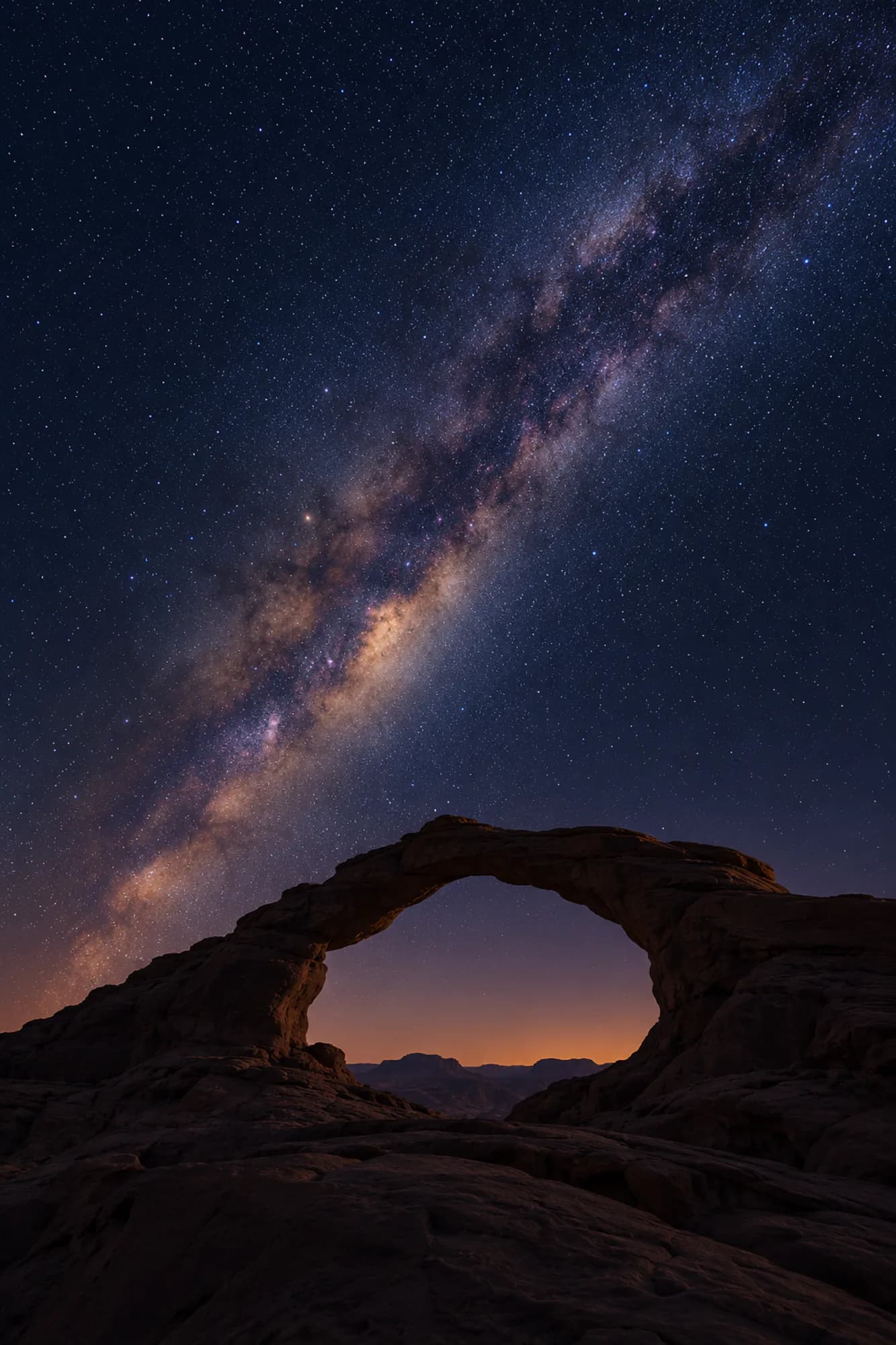 The Milky Way rising above a natural sandstone arch in the desert at night