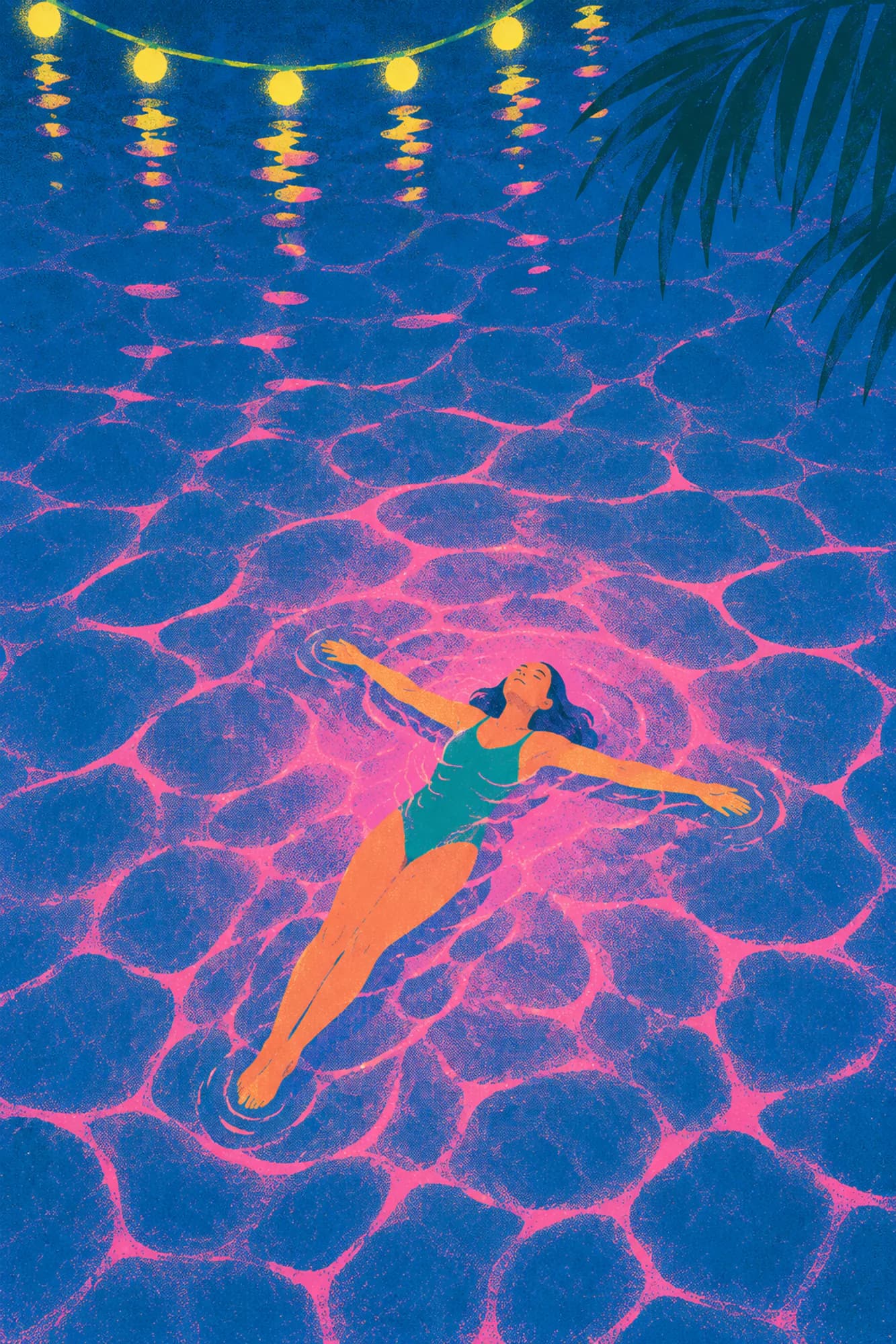 Illustration of a swimmer floating on her back in a pool at night