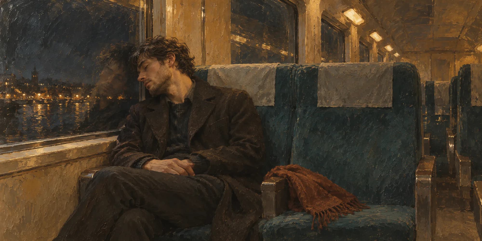 Oil painting of a man dozing against a train window at night