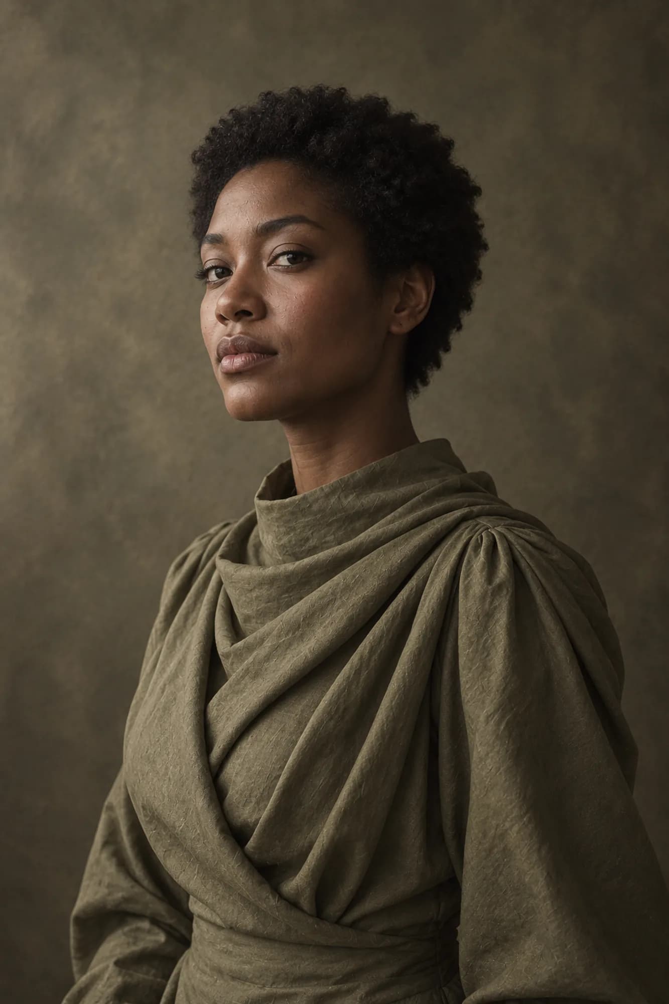 Adult Black woman in a draped olive linen garment against a painted olive-grey backdrop