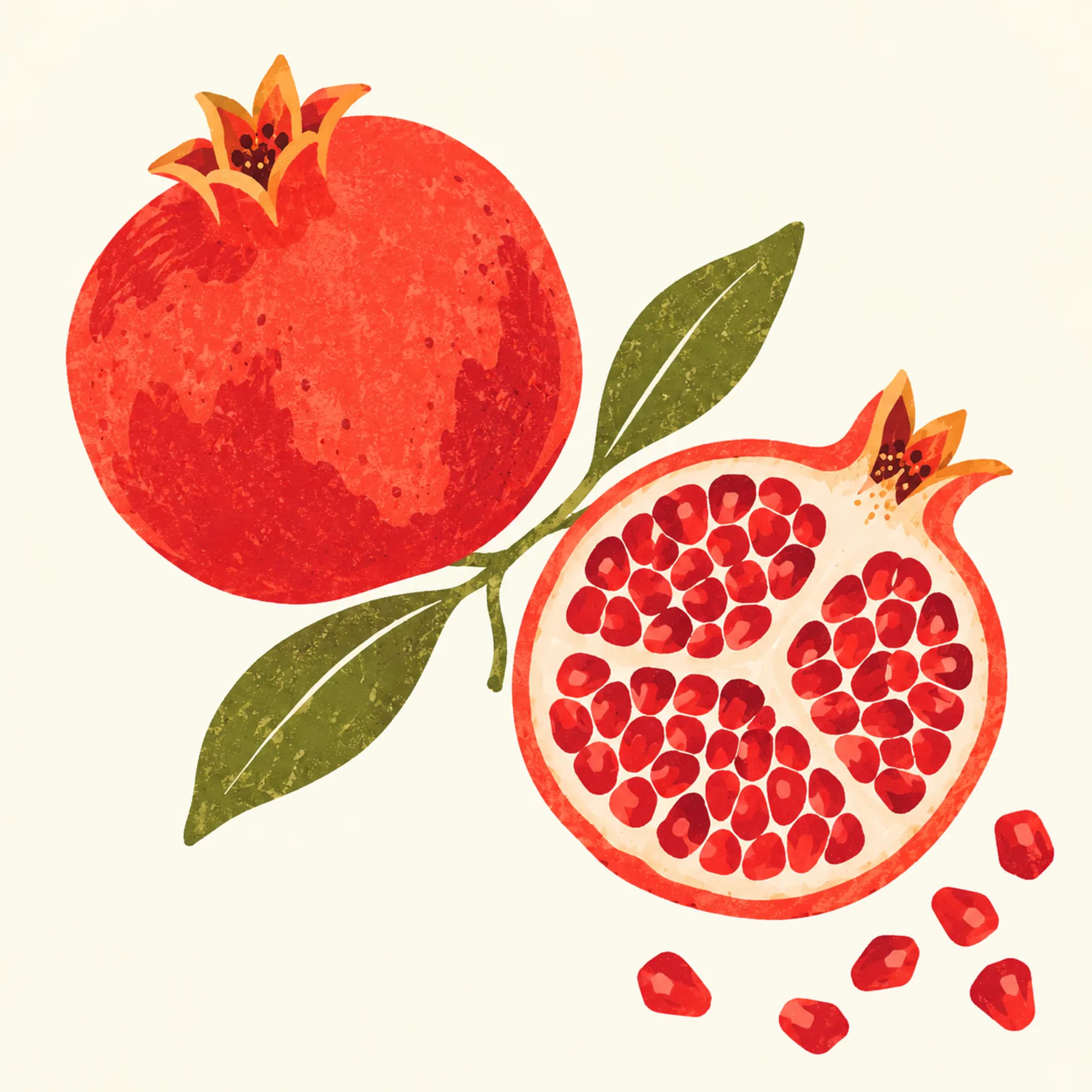 Illustration of two pomegranates, one cut open to show ruby seeds