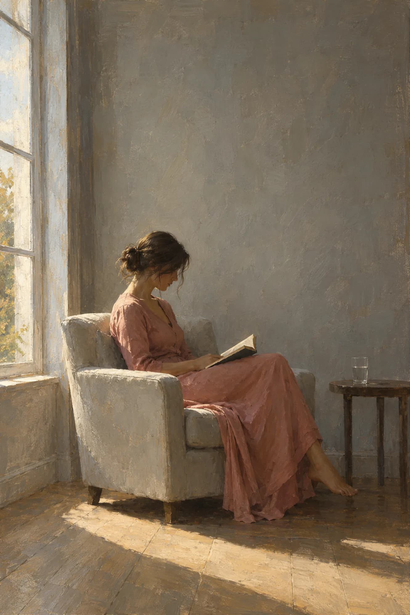 Oil painting of a woman reading in an armchair beside a tall window