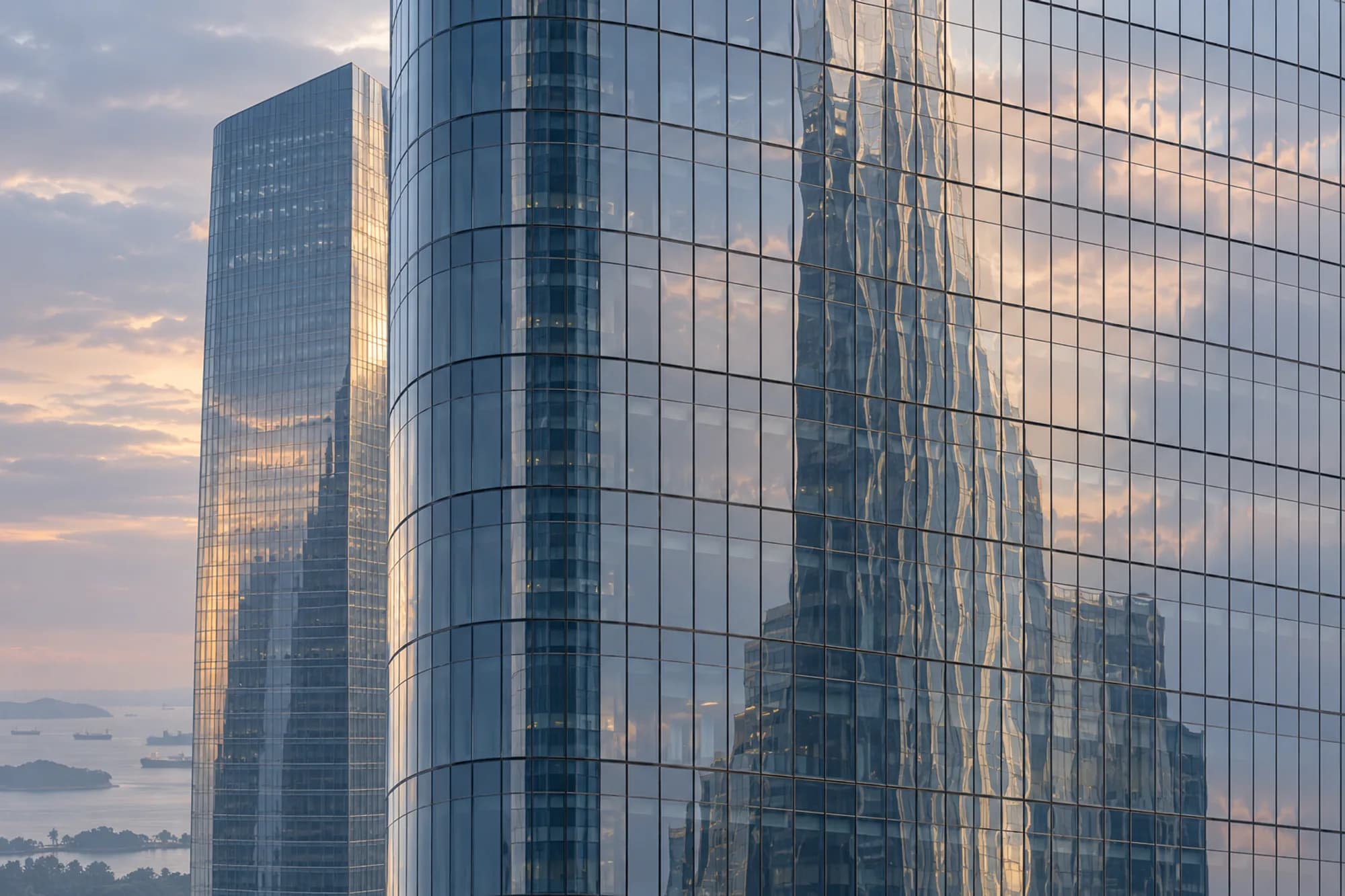 Glass towers reflecting one another in soft pastel light after rain