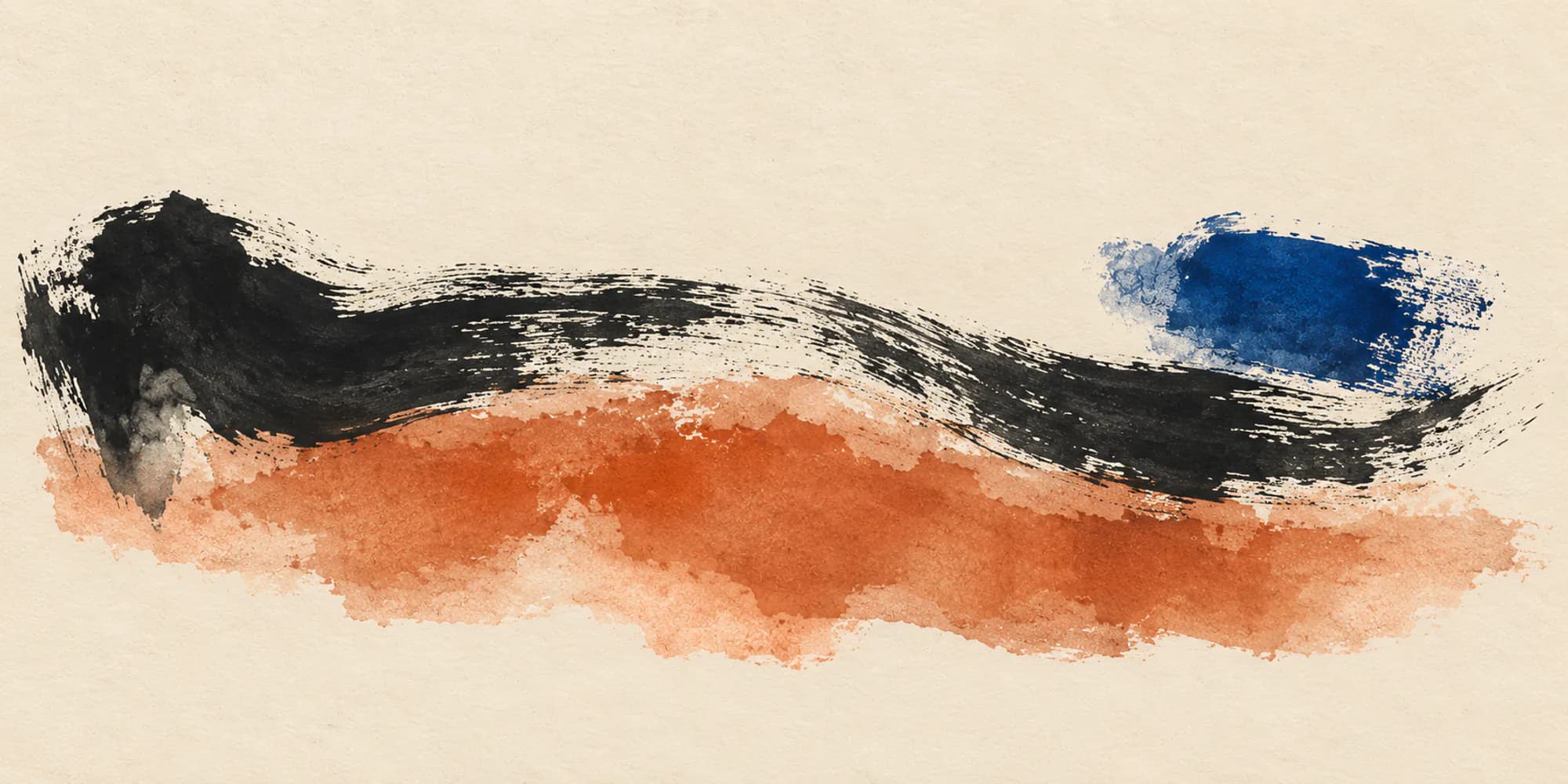 Horizontal ink painting of one long black stroke over a terracotta wash with a touch of cobalt