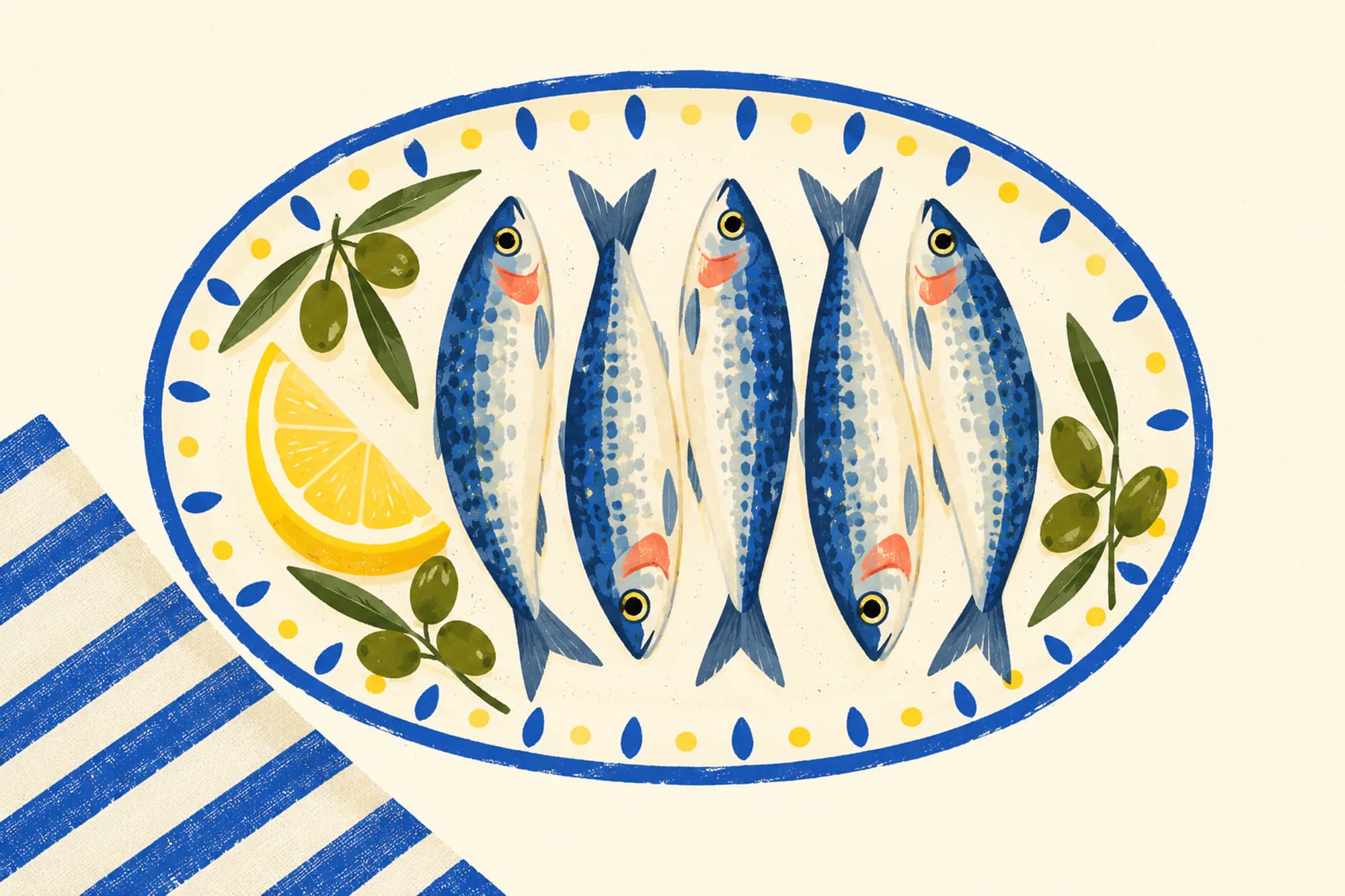 Illustration of five sardines on an oval plate with a lemon wedge and olive sprigs