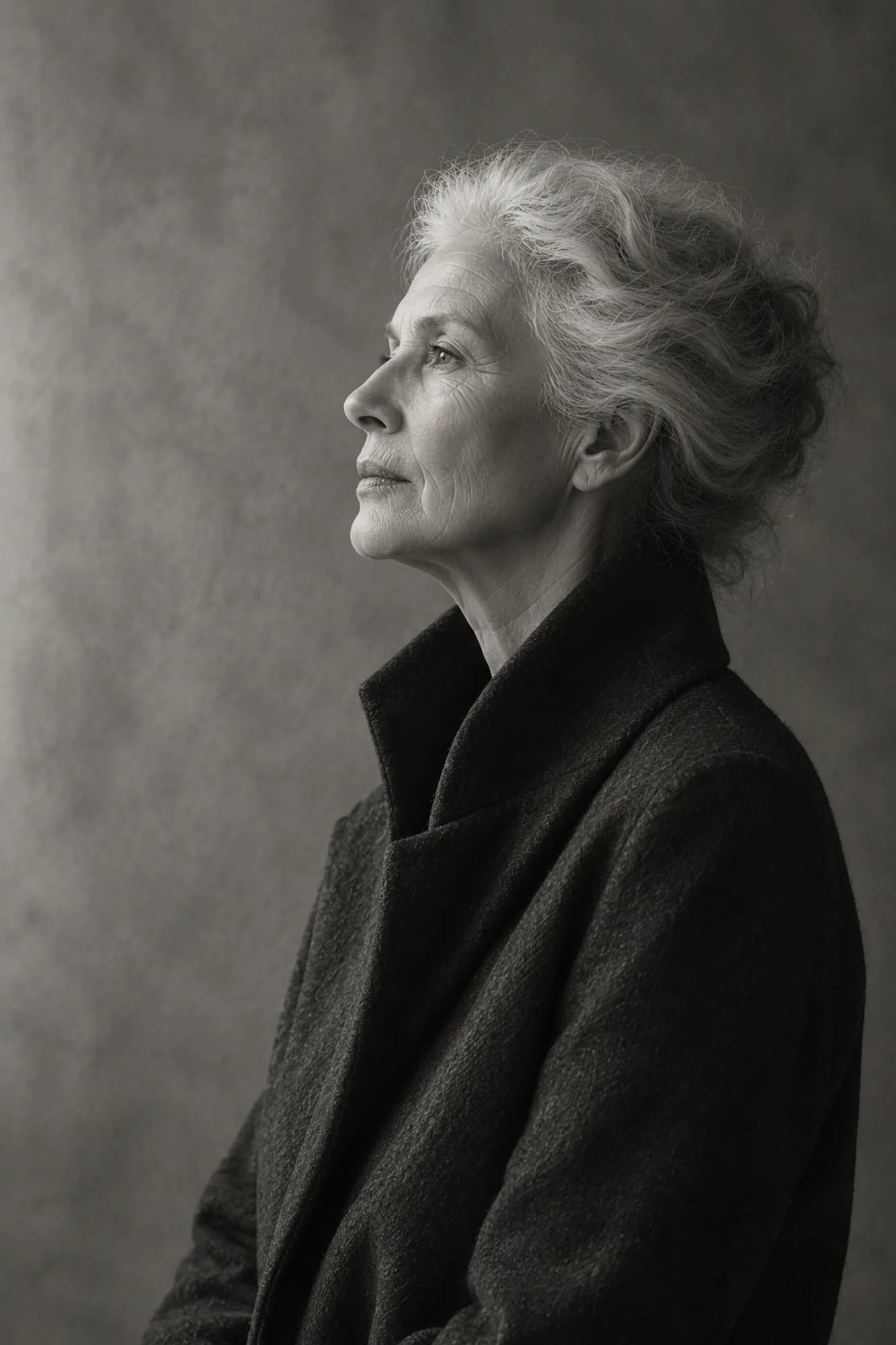 Black-and-white profile portrait of an older woman with silver hair in window light