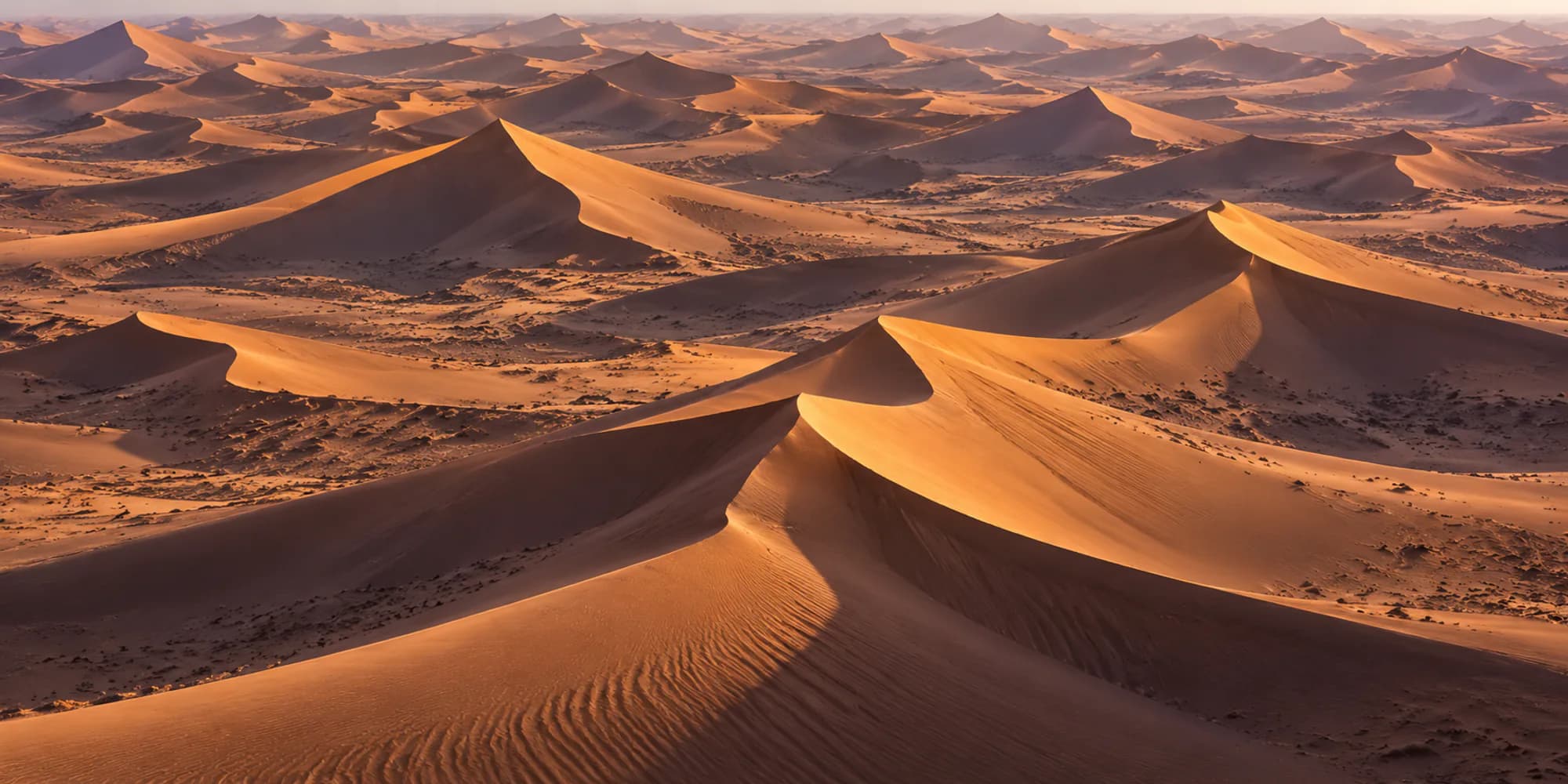 Star-shaped dunes casting long violet shadows across the Empty Quarter