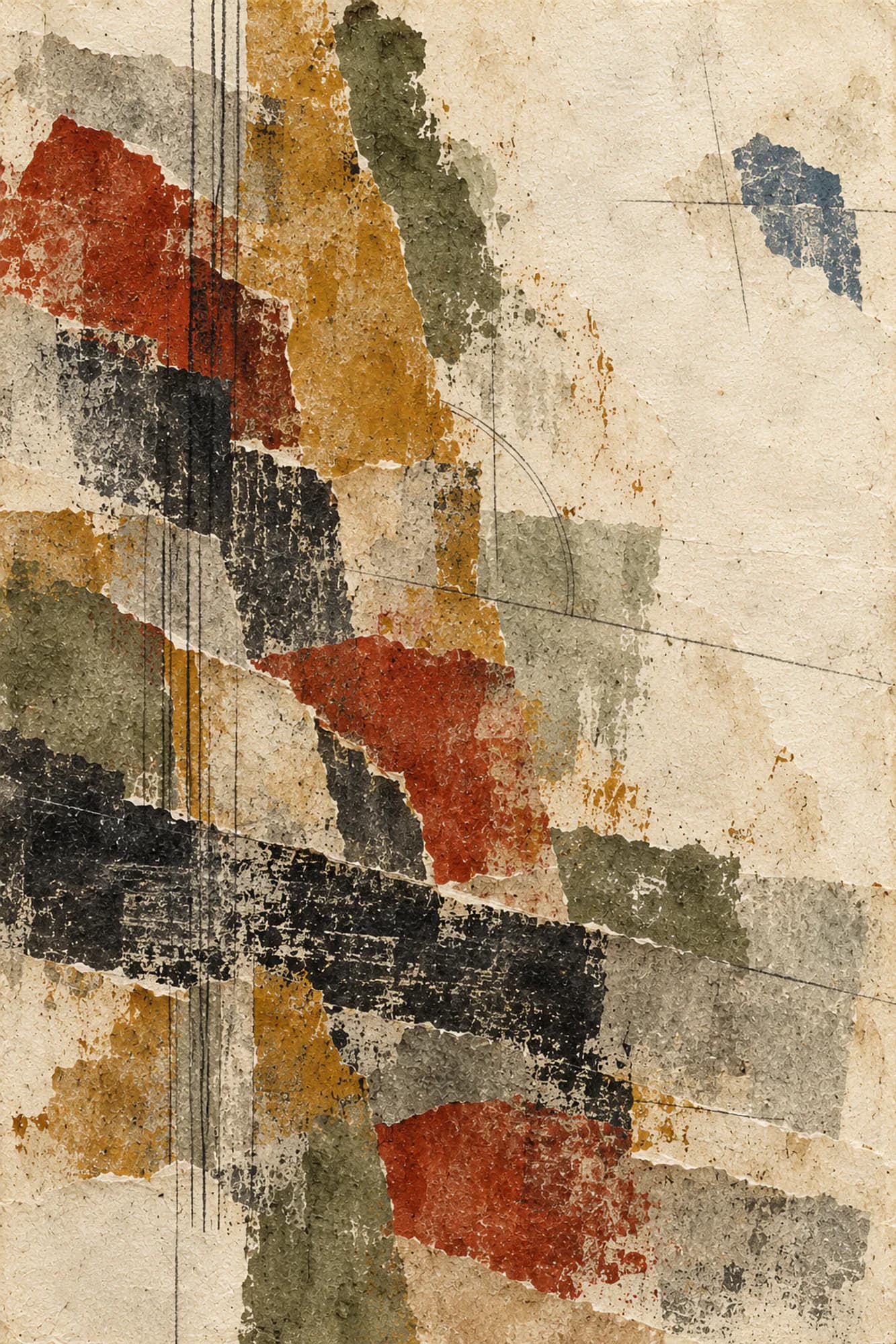 Vertical mixed-media abstract of stacked torn-paper planes in ochre, rust and charcoal