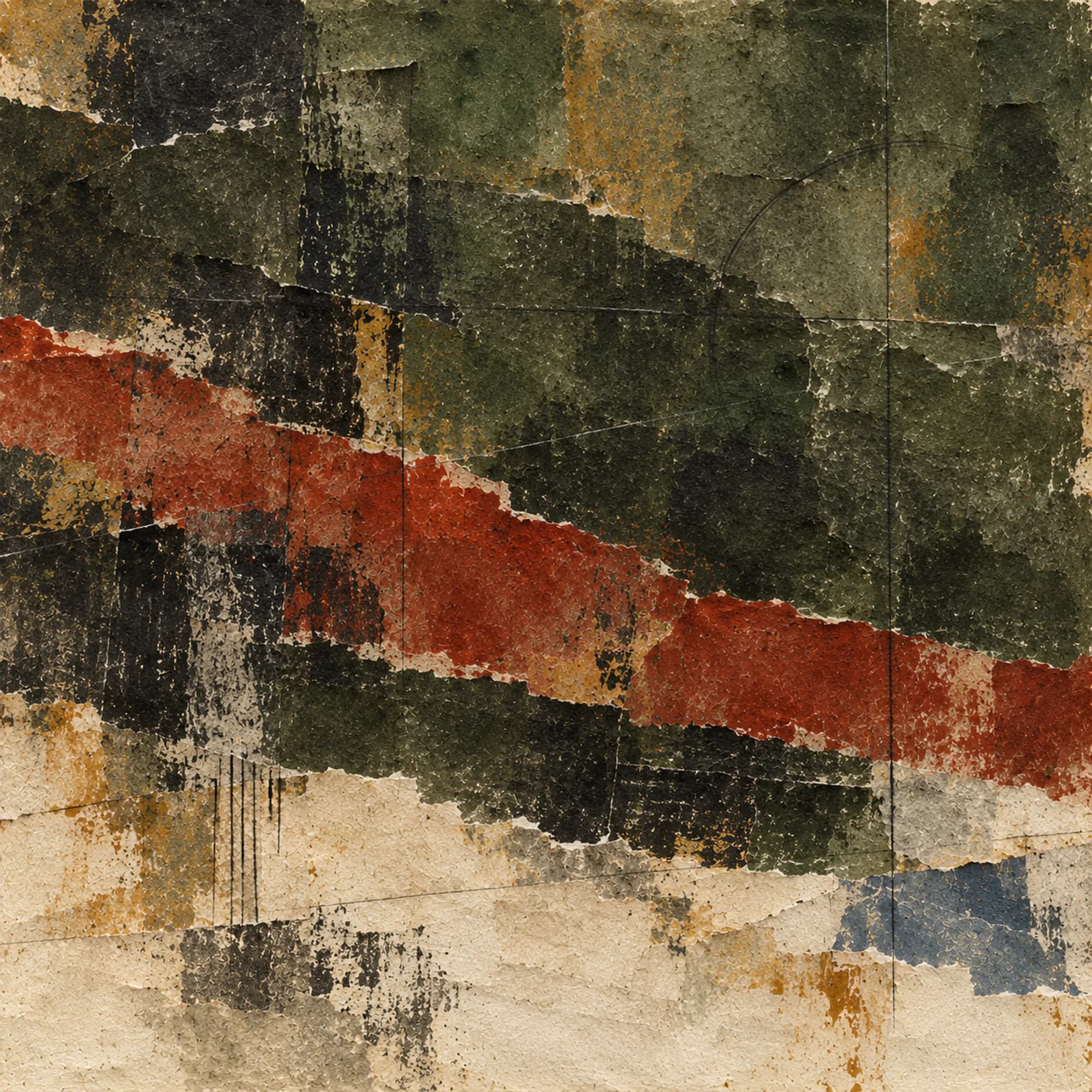 Square mixed-media abstract with a dark moss-green field cut by a rust-red torn strip