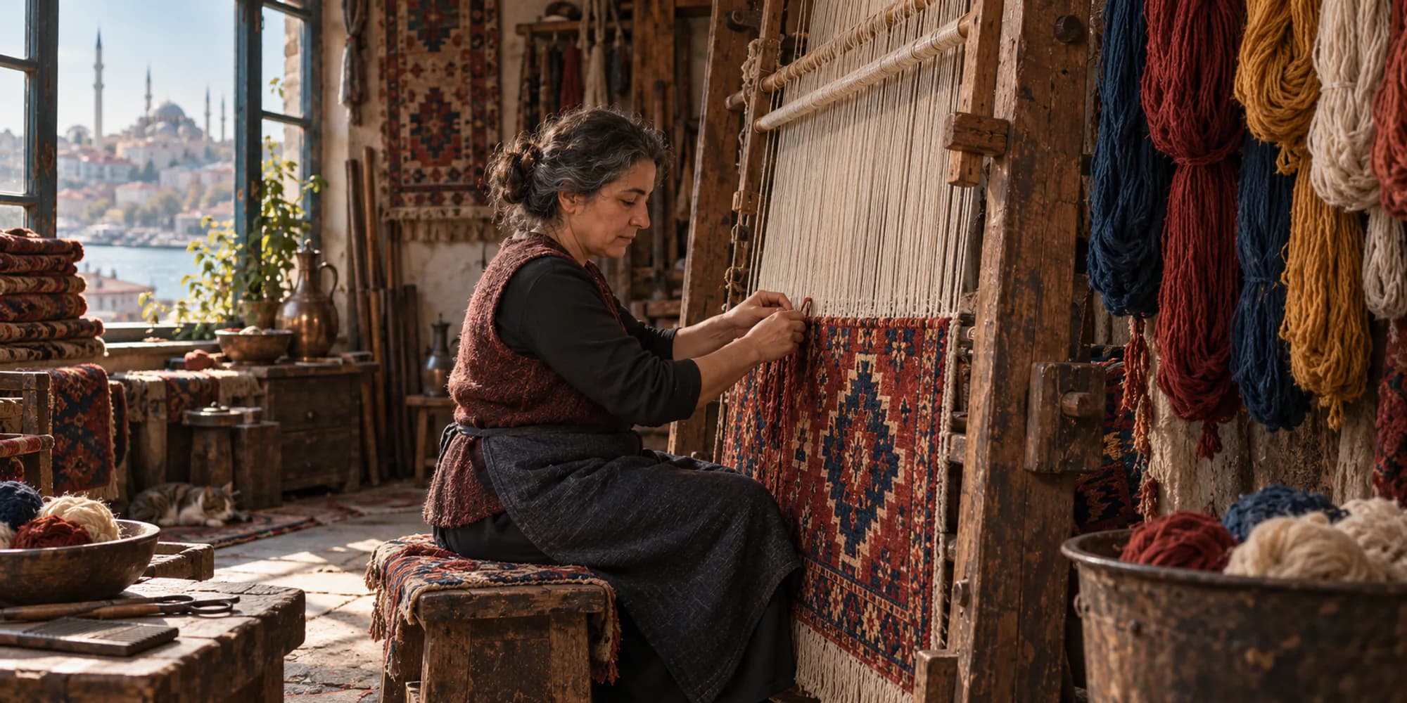 A carpet weaver at a long wooden loom surrounded by skeins of wool