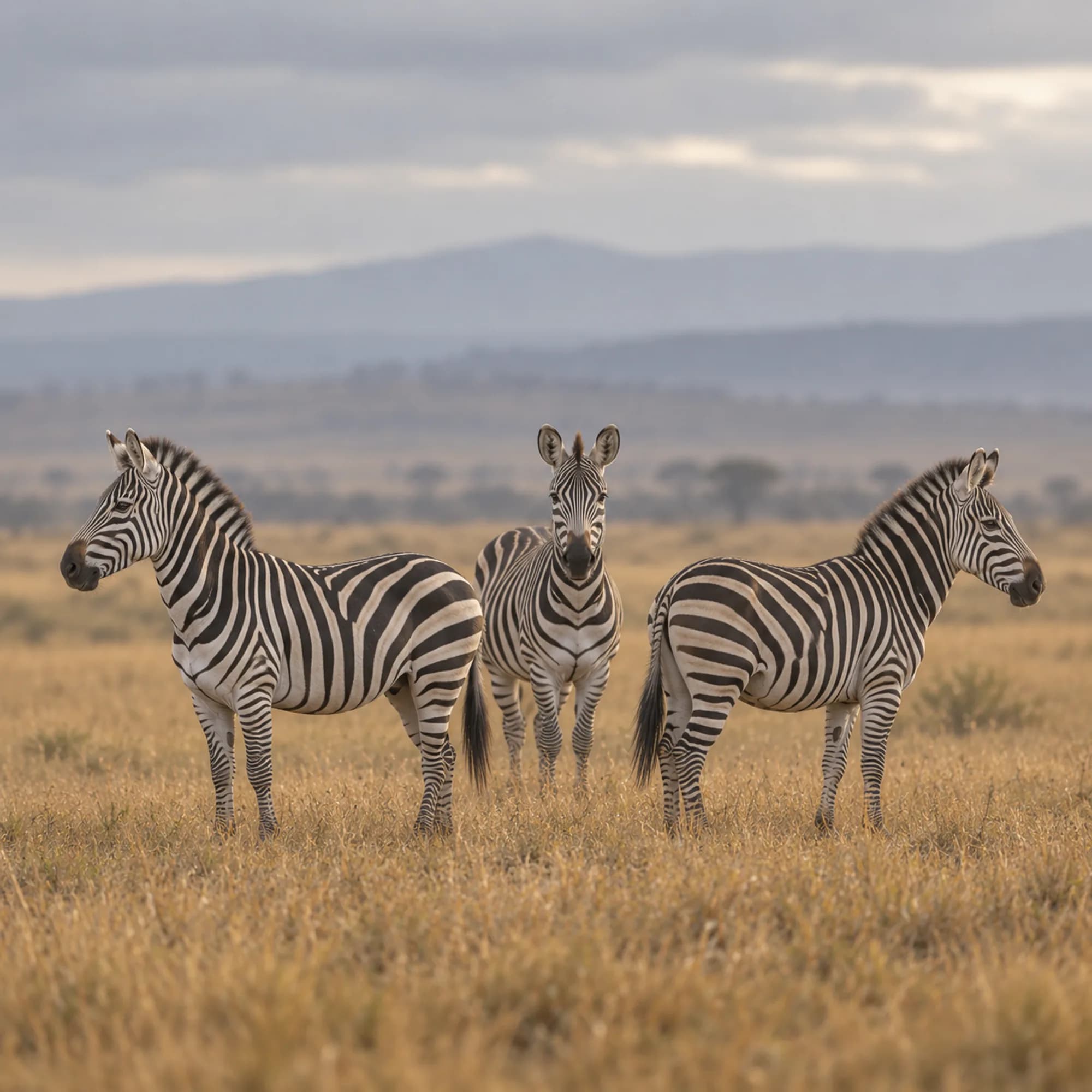 Three zebras standing close together, their stripes overlapping